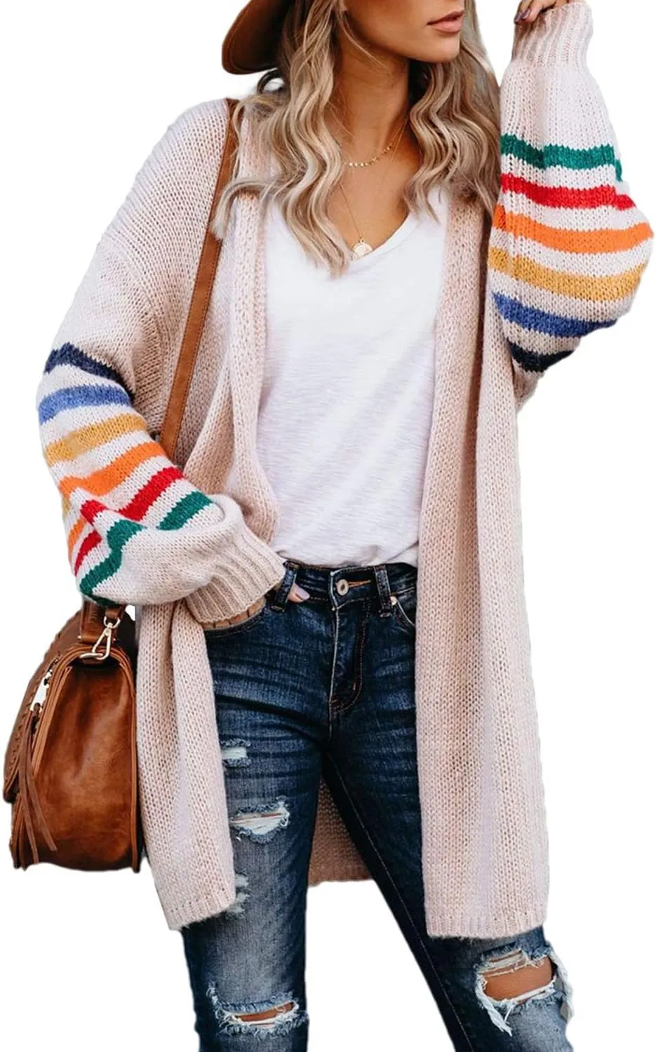 Dokotoo Women's Long Open Front Cardigans Striped Color Block Loose Knit Sweaters Outwear Coat