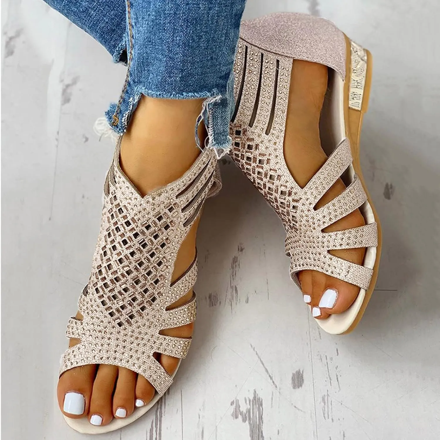 Eduavar Sandals for Women Casual Summer, Wedge Sandals for Women Fashion Rhinestone Open Toe Low Wedge Sandals Zip Up Shoes