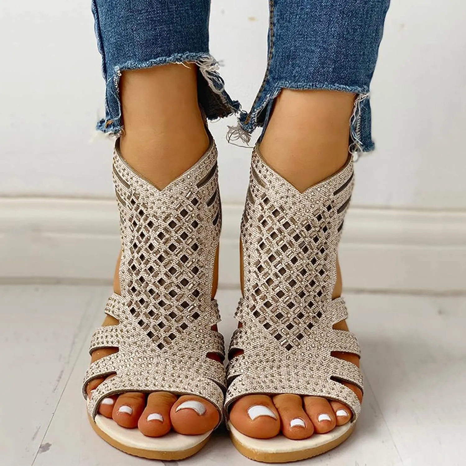 Eduavar Sandals for Women Casual Summer, Wedge Sandals for Women Fashion Rhinestone Open Toe Low Wedge Sandals Zip Up Shoes