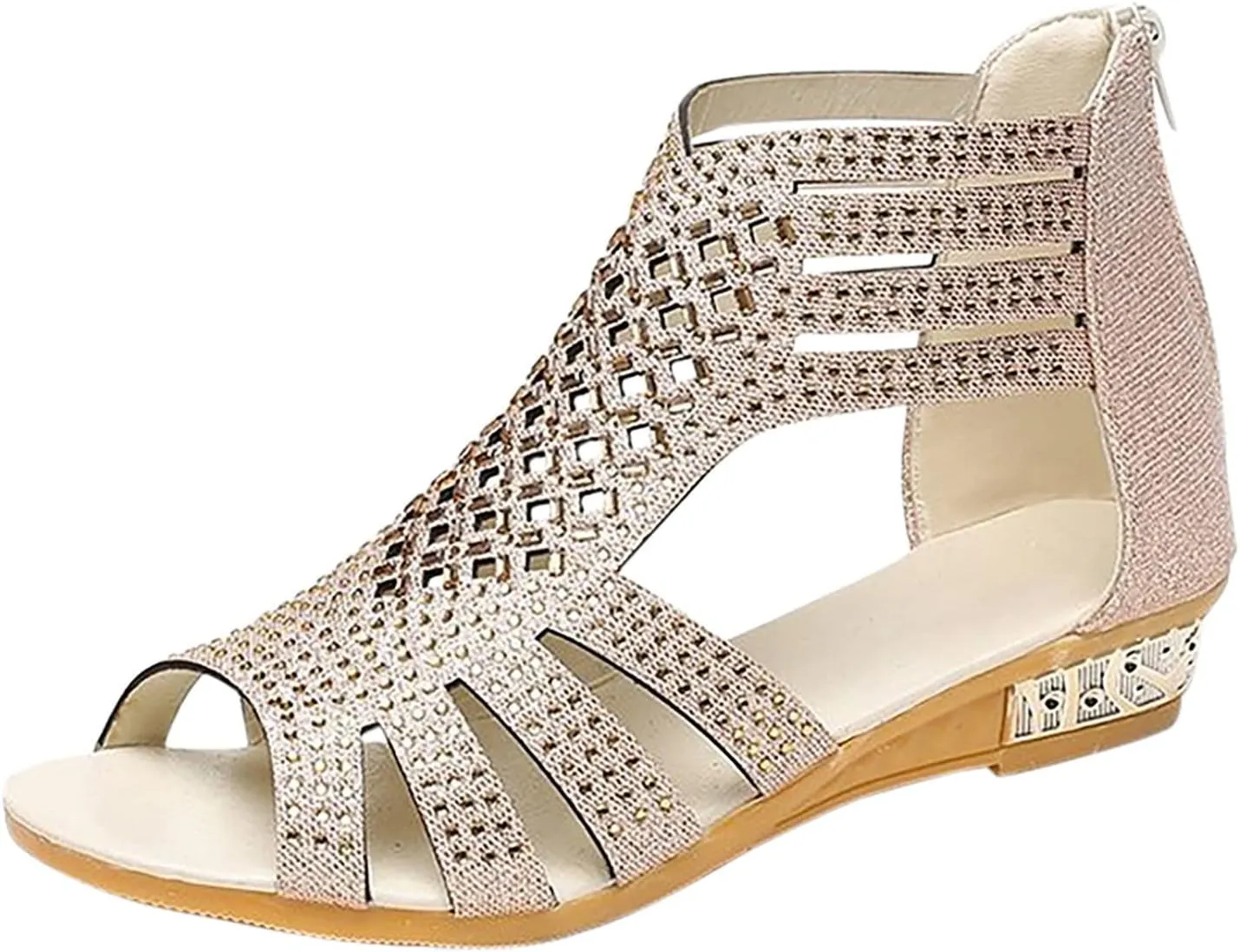 Eduavar Sandals for Women Casual Summer, Wedge Sandals for Women Fashion Rhinestone Open Toe Low Wedge Sandals Zip Up Shoes