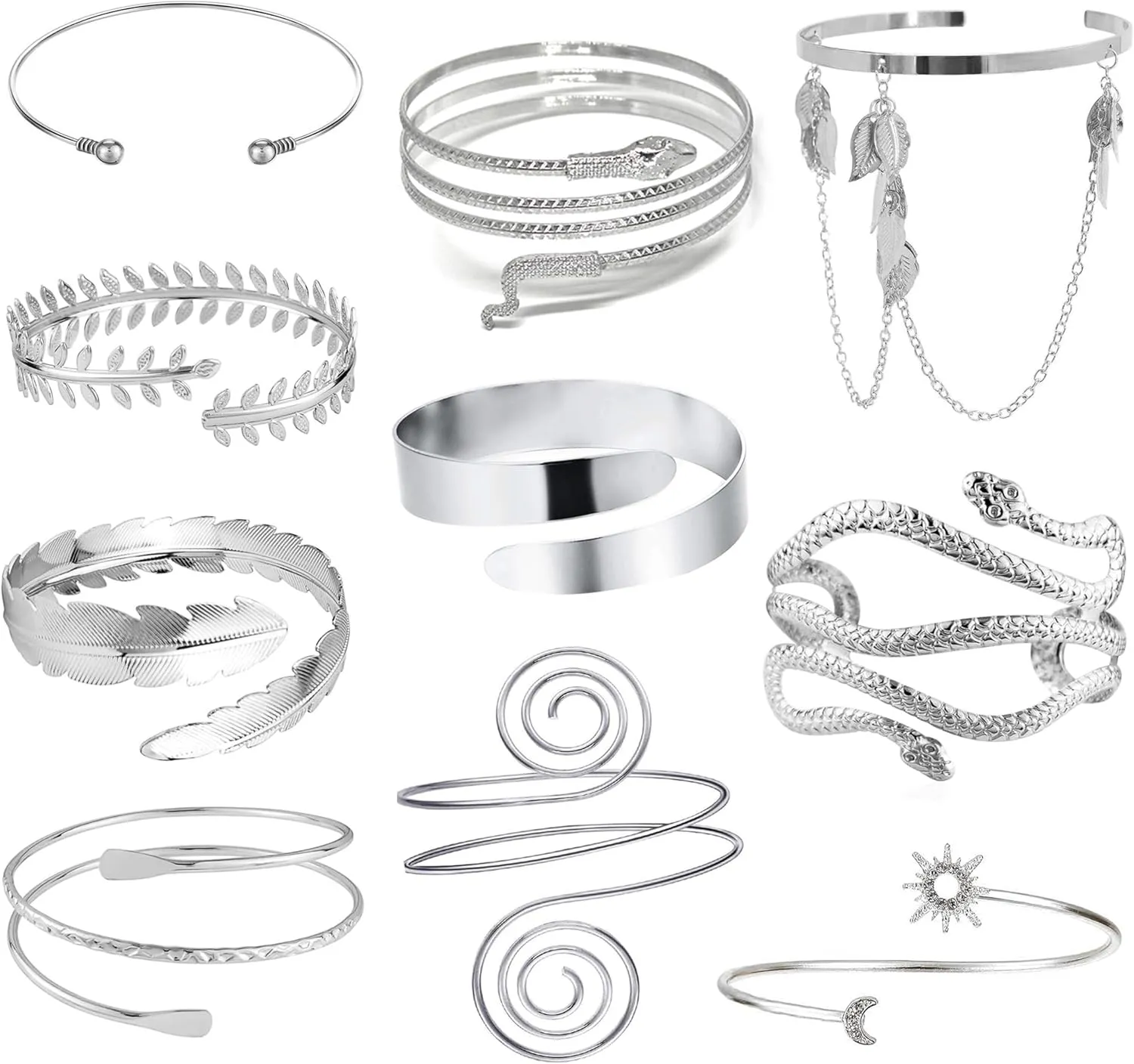 EIELO 10Pcs Arm Cuff Bracelets for Women Upper Arm Bands Snake Feather Armband Greek Goddess Filigree Swirl Boho Armlet Cuff Bangle Adjustable Gold/Silver Arm Bracelet Set