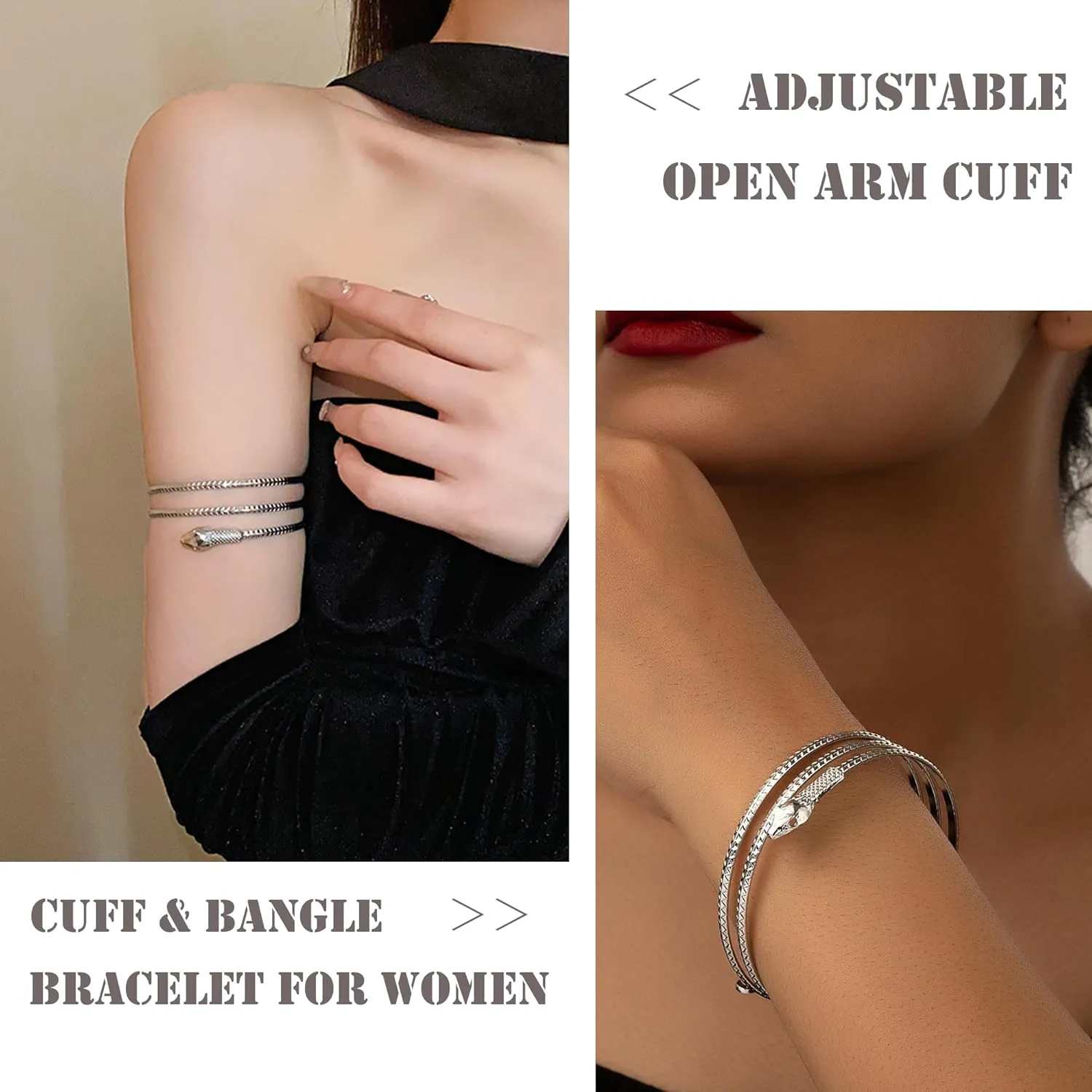 EIELO 10Pcs Arm Cuff Bracelets for Women Upper Arm Bands Snake Feather Armband Greek Goddess Filigree Swirl Boho Armlet Cuff Bangle Adjustable Gold/Silver Arm Bracelet Set