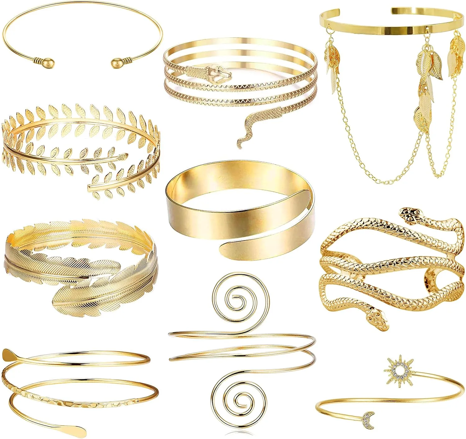 EIELO 10Pcs Arm Cuff Bracelets for Women Upper Arm Bands Snake Feather Armband Greek Goddess Filigree Swirl Boho Armlet Cuff Bangle Adjustable Gold/Silver Arm Bracelet Set
