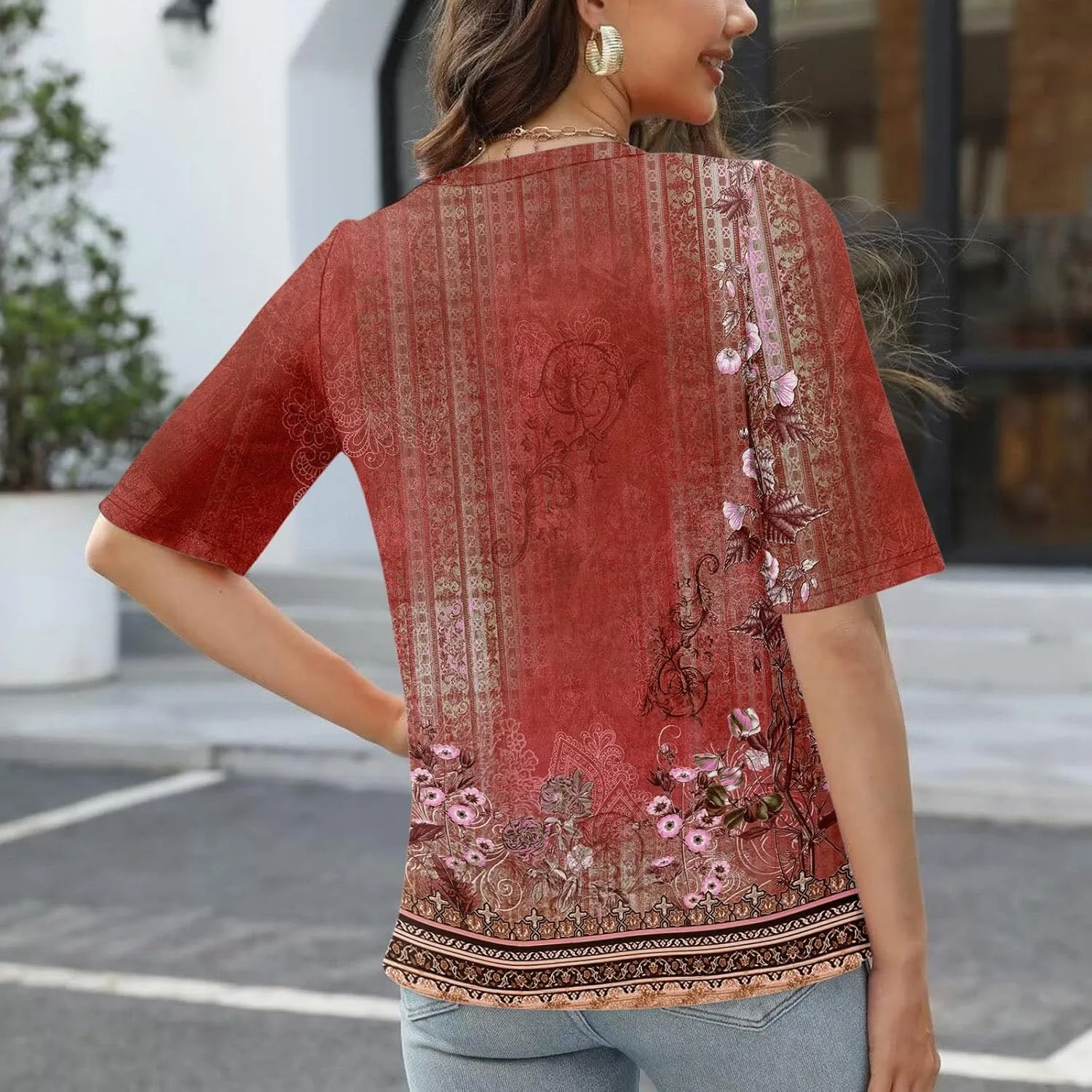 Elbow Sleeve Tops Women Womens Summer Half Sleeve V Neck Shirts Casual Loose Fit Printed Elbow Length Sleeve Blouses