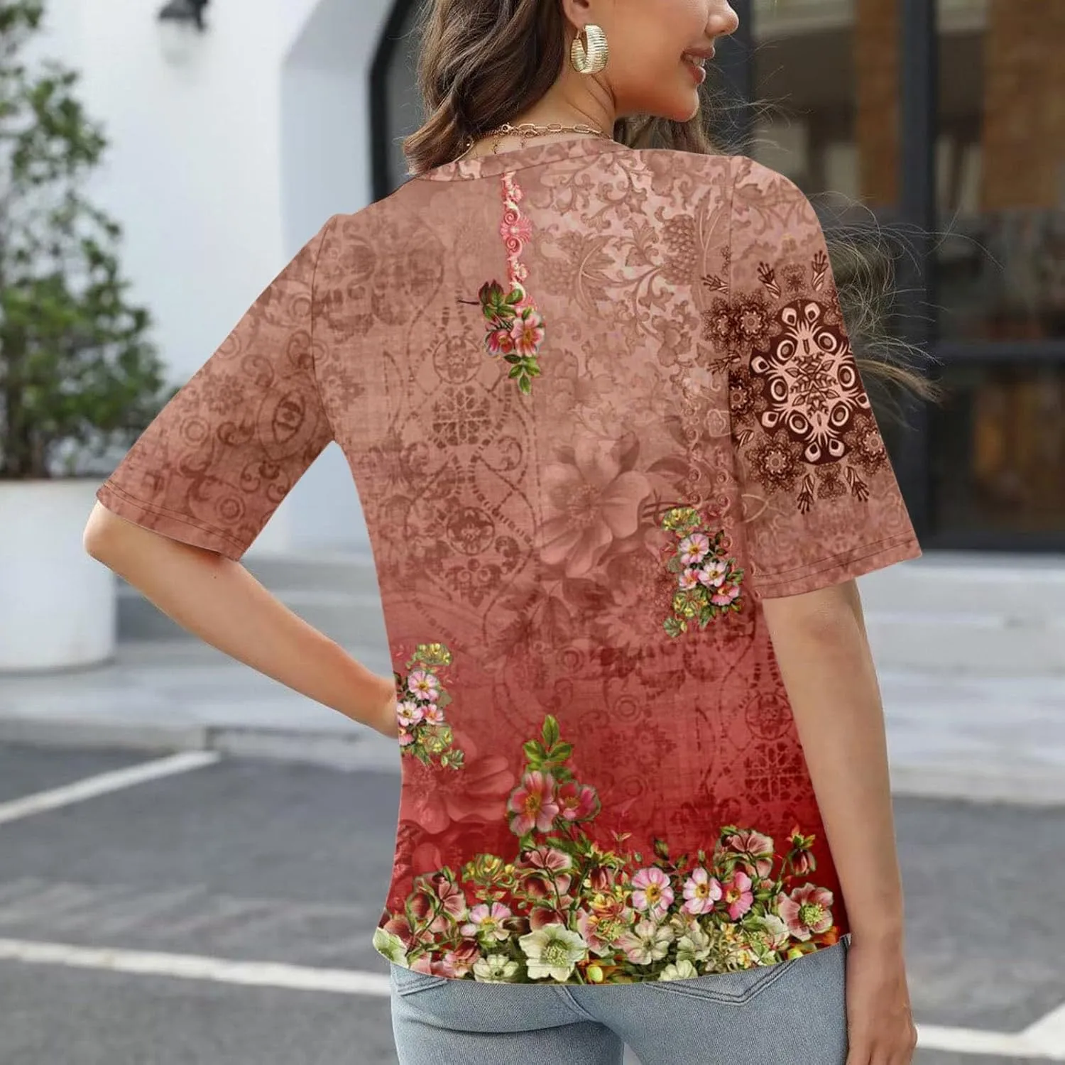 Elbow Sleeve Tops Women Womens Summer Half Sleeve V Neck Shirts Casual Loose Fit Printed Elbow Length Sleeve Blouses