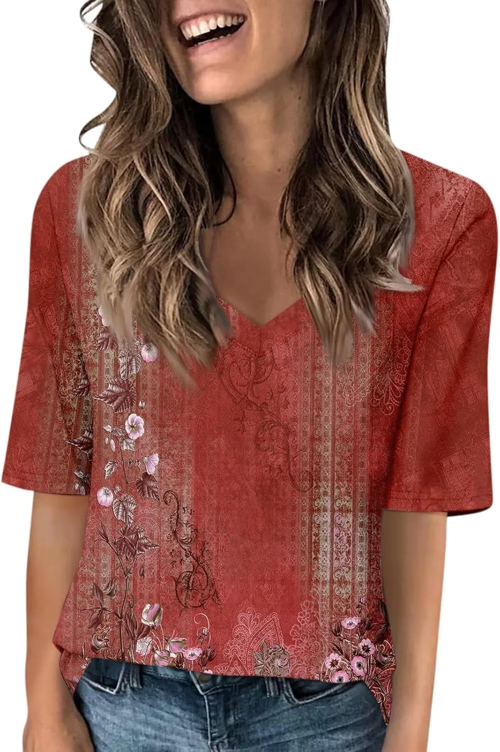 Elbow Sleeve Tops Women Womens Summer Half Sleeve V Neck Shirts Casual Loose Fit Printed Elbow Length Sleeve Blouses