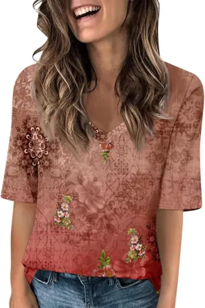 Elbow Sleeve Tops Women Womens Summer Half Sleeve V Neck Shirts Casual Loose Fit Printed Elbow Length Sleeve Blouses