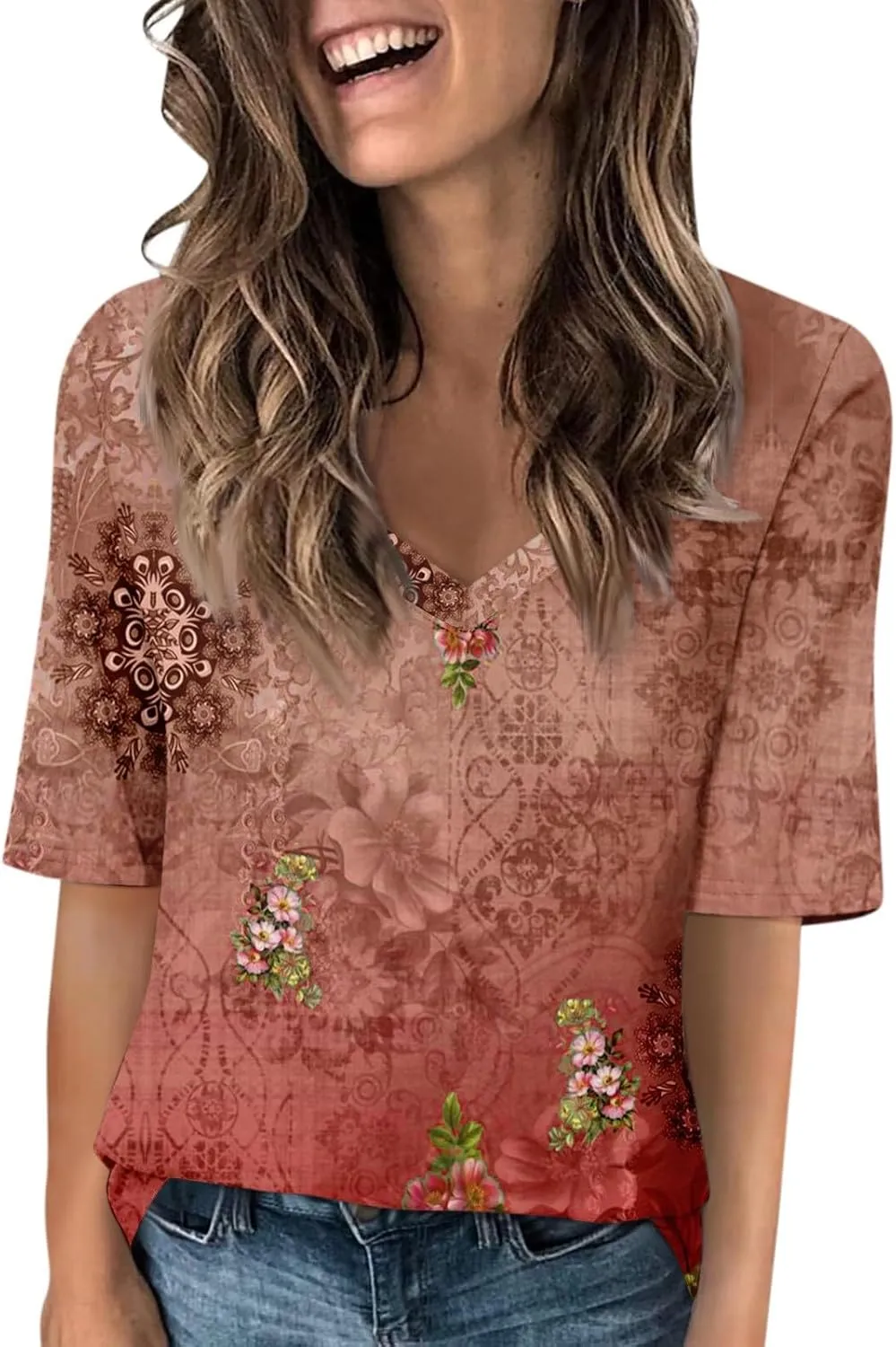 Elbow Sleeve Tops Women Womens Summer Half Sleeve V Neck Shirts Casual Loose Fit Printed Elbow Length Sleeve Blouses