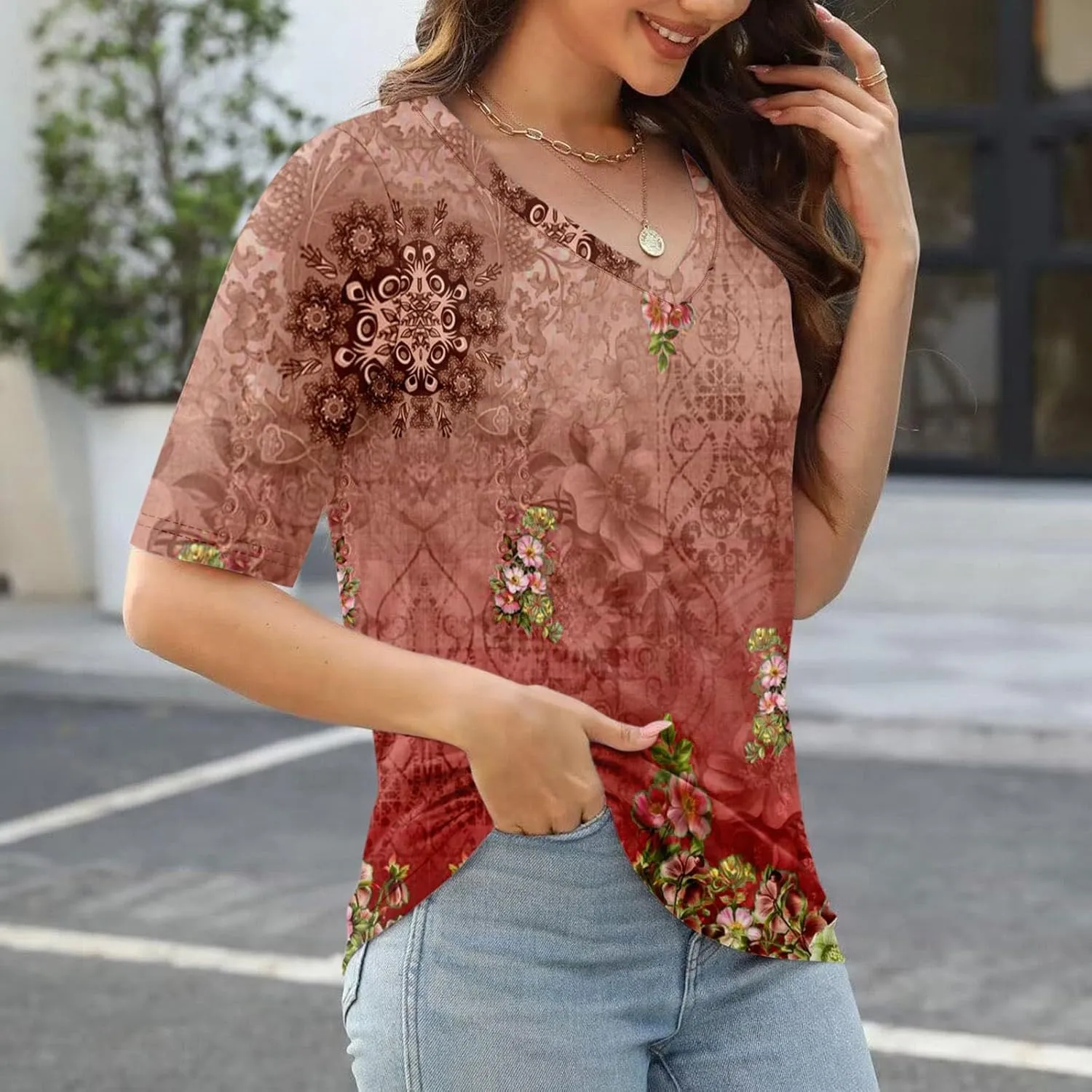 Elbow Sleeve Tops Women Womens Summer Half Sleeve V Neck Shirts Casual Loose Fit Printed Elbow Length Sleeve Blouses