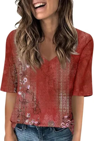 Elbow Sleeve Tops Women Womens Summer Half Sleeve V Neck Shirts Casual Loose Fit Printed Elbow Length Sleeve Blouses