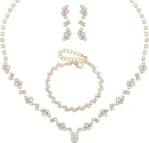 Elegant Necklace Earrings Bracelet Crystal Bridal Wedding Jewelry Sets for Brides Bridesmaid Prom Formal Costume Accessories for Women