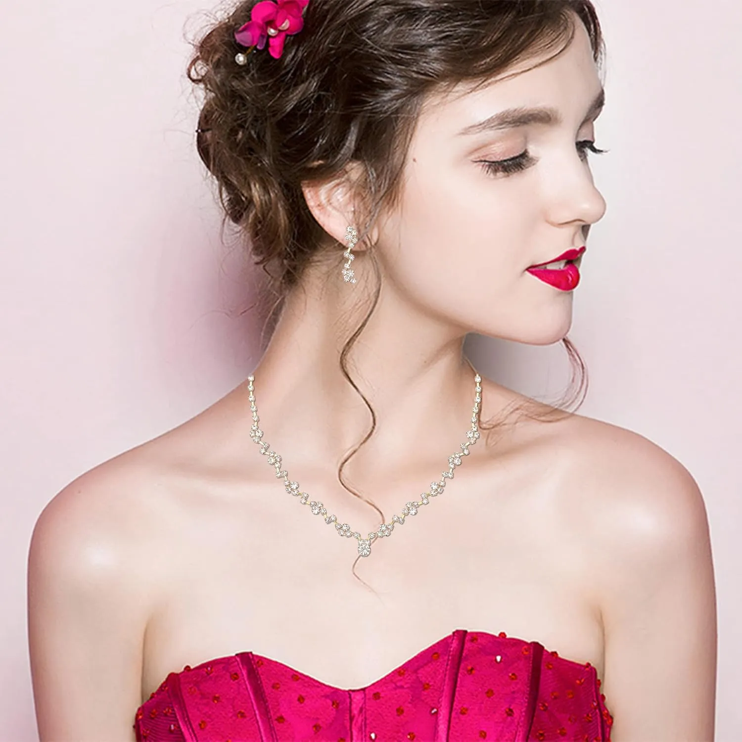 Elegant Necklace Earrings Bracelet Crystal Bridal Wedding Jewelry Sets for Brides Bridesmaid Prom Formal Costume Accessories for Women