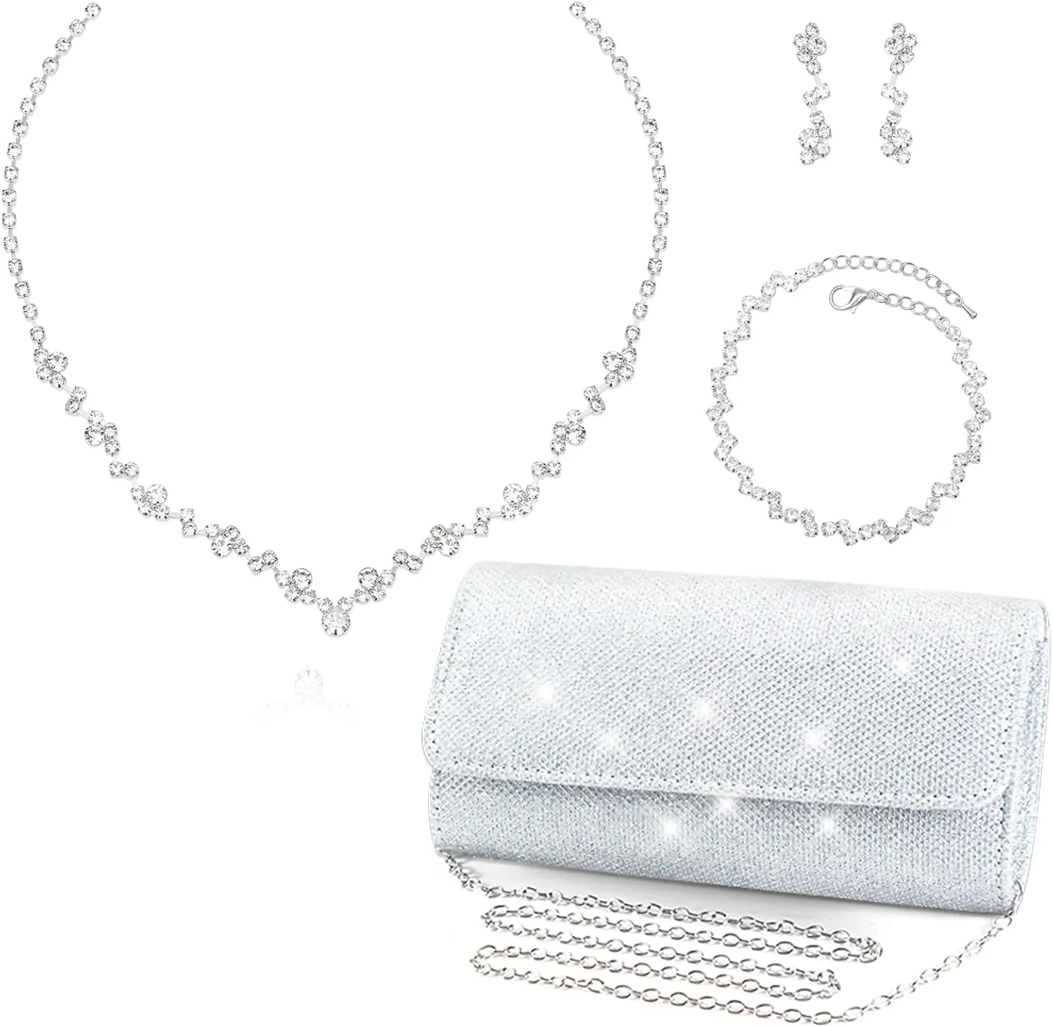 Elegant Necklace Earrings Bracelet Crystal Bridal Wedding Jewelry Sets for Brides Bridesmaid Prom Formal Costume Accessories for Women