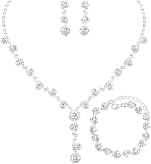 Elegant Necklace Earrings Bracelet Crystal Bridal Wedding Jewelry Sets for Brides Bridesmaid Prom Formal Costume Accessories for Women