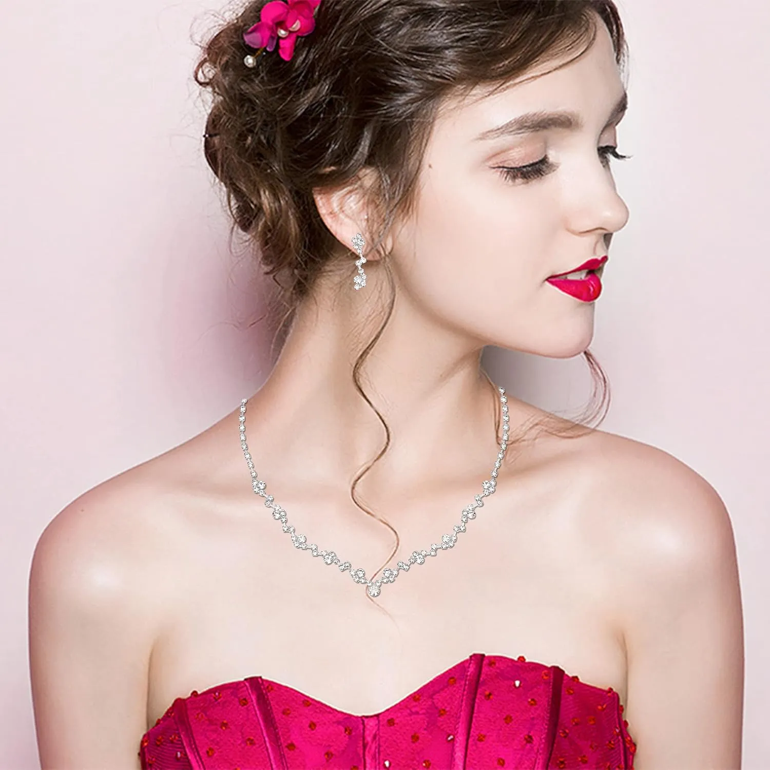 Elegant Necklace Earrings Bracelet Crystal Bridal Wedding Jewelry Sets for Brides Bridesmaid Prom Formal Costume Accessories for Women