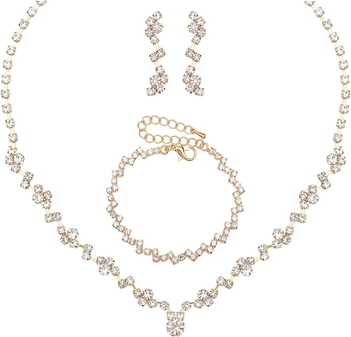 Elegant Necklace Earrings Bracelet Crystal Bridal Wedding Jewelry Sets for Brides Bridesmaid Prom Formal Costume Accessories for Women