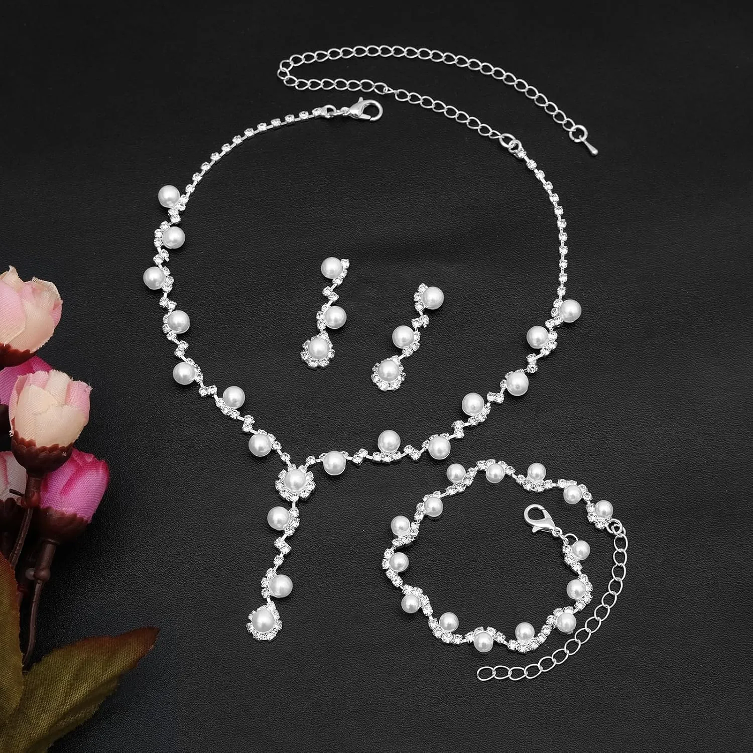 Elegant Necklace Earrings Bracelet Crystal Bridal Wedding Jewelry Sets for Brides Bridesmaid Prom Formal Costume Accessories for Women