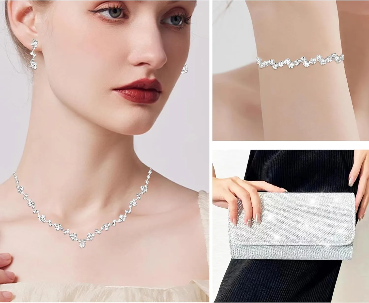 Elegant Necklace Earrings Bracelet Crystal Bridal Wedding Jewelry Sets for Brides Bridesmaid Prom Formal Costume Accessories for Women