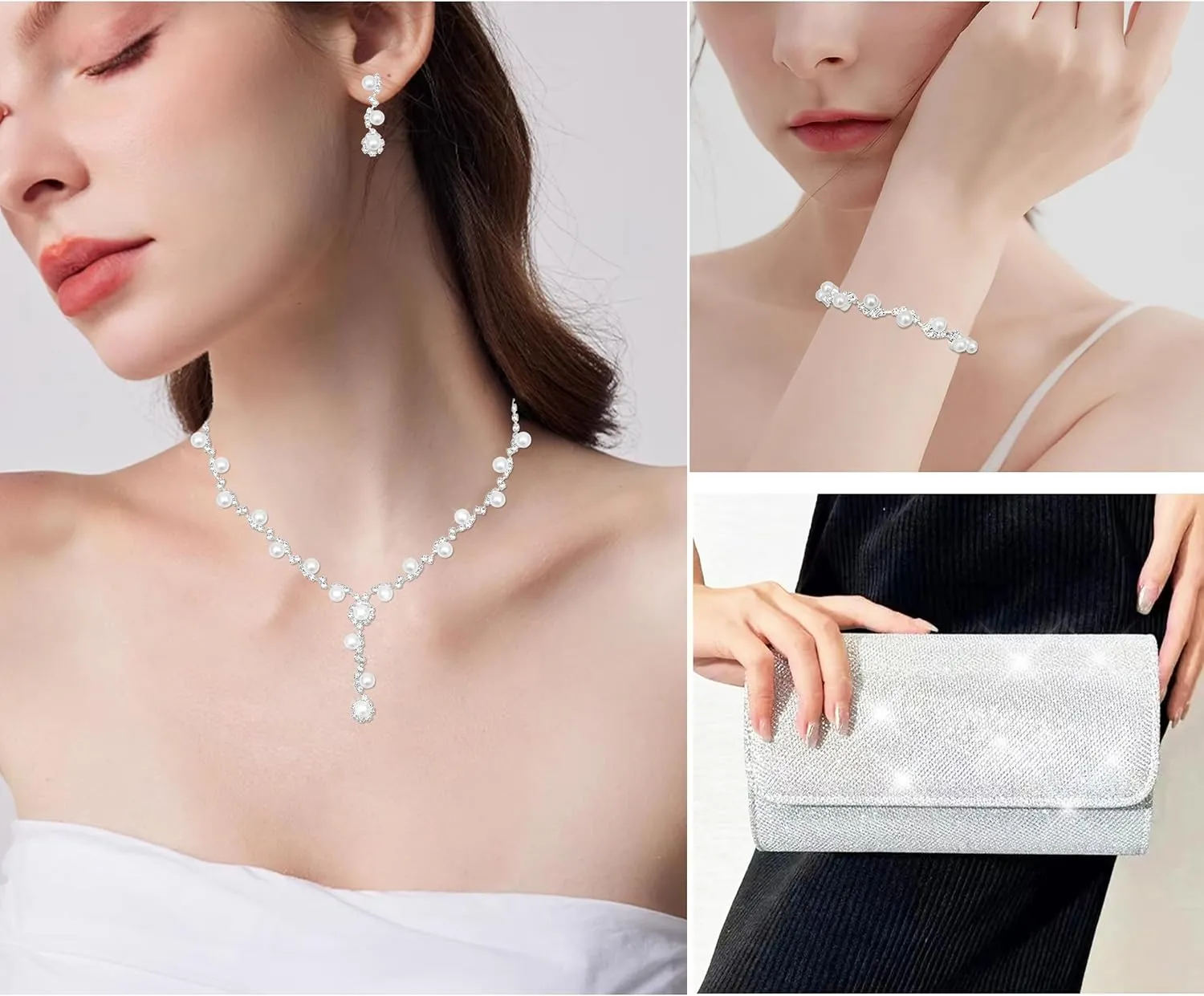 Elegant Necklace Earrings Bracelet Crystal Bridal Wedding Jewelry Sets for Brides Bridesmaid Prom Formal Costume Accessories for Women