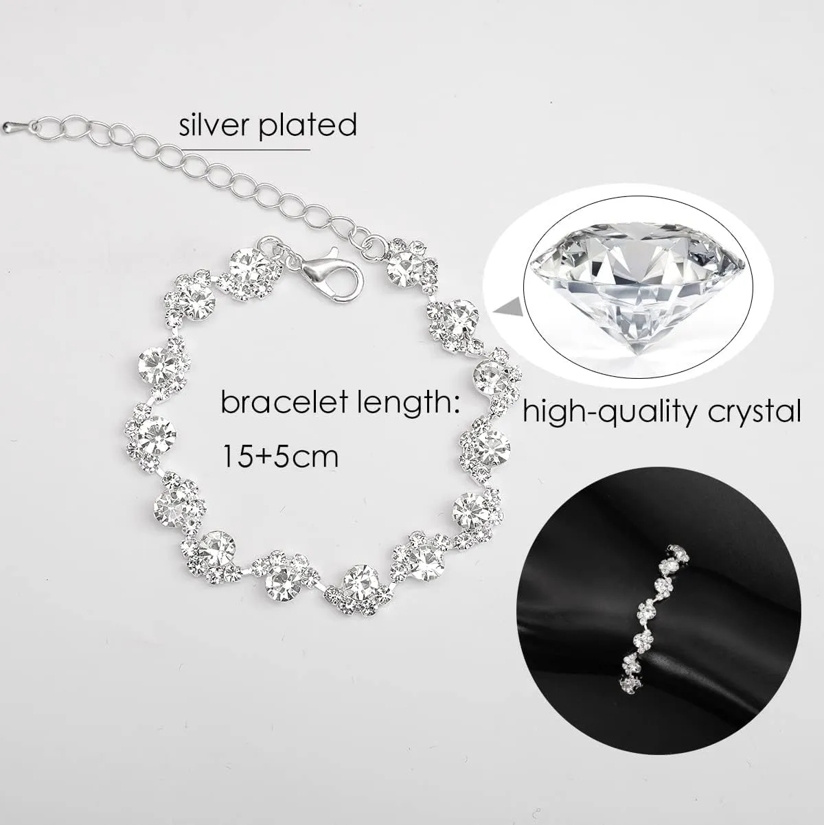 Elegant Necklace Earrings Bracelet Crystal Bridal Wedding Jewelry Sets for Brides Bridesmaid Prom Formal Costume Accessories for Women