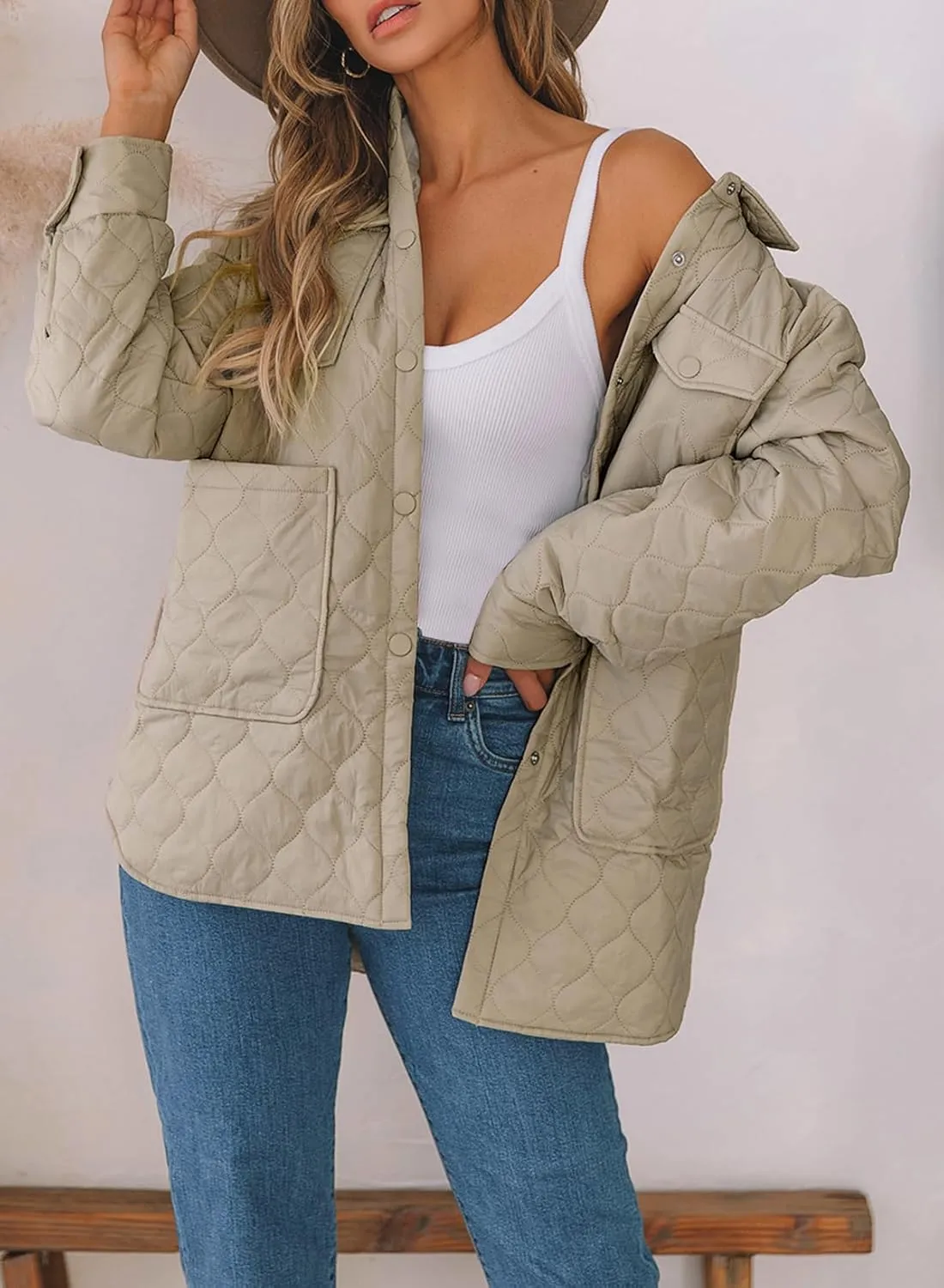 EVALESS Quilted Jackets for Women Lightweight Long Sleeve Button Down Puffer Jacket Warm Winter Coat Outerwear with Pockets
