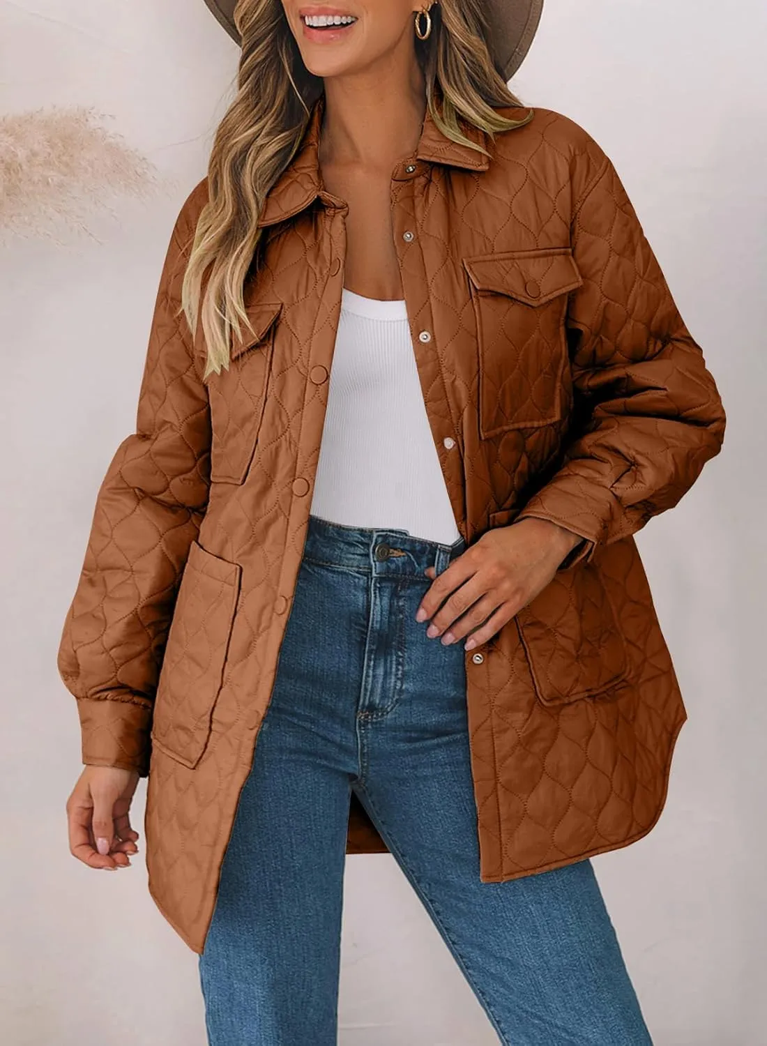 EVALESS Quilted Jackets for Women Lightweight Long Sleeve Button Down Puffer Jacket Warm Winter Coat Outerwear with Pockets