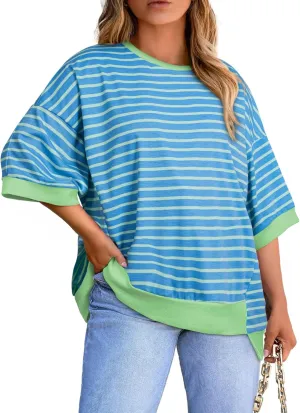 Eytino Womens Plus Size Tops Casual Short Sleeve Striped Color Block Shirts Crewneck Pullover T Shirts(1X-5X)