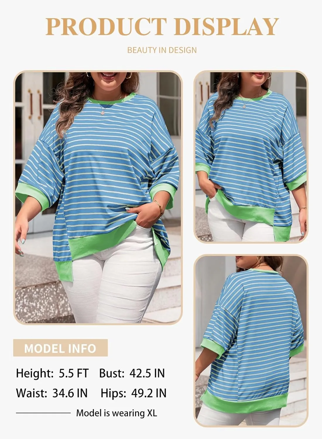 Eytino Womens Plus Size Tops Casual Short Sleeve Striped Color Block Shirts Crewneck Pullover T Shirts(1X-5X)