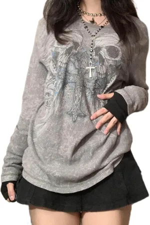 Fairy Grunge Clothes Long Sleeve Graphic Tees for Women Teen Girls Y2k Vintage Goth Top Emo Shirt 90s 2000s Clothing
