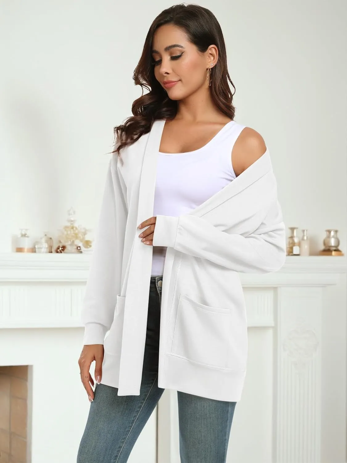 Feiersi Women's Open Front Cardigans Long Sleeve Casual with Pockets Knit Cardigan Soft Outwear