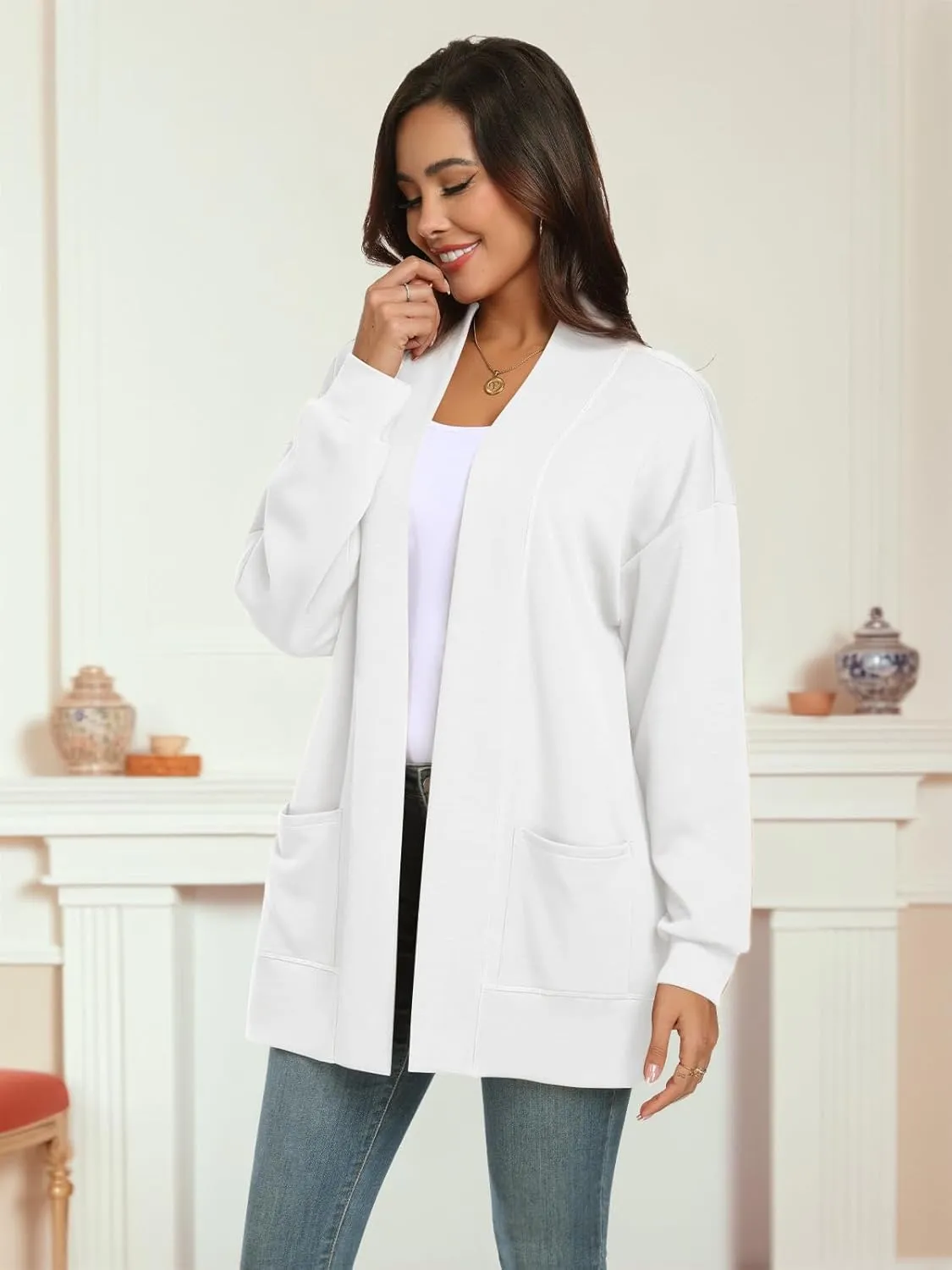 Feiersi Women's Open Front Cardigans Long Sleeve Casual with Pockets Knit Cardigan Soft Outwear