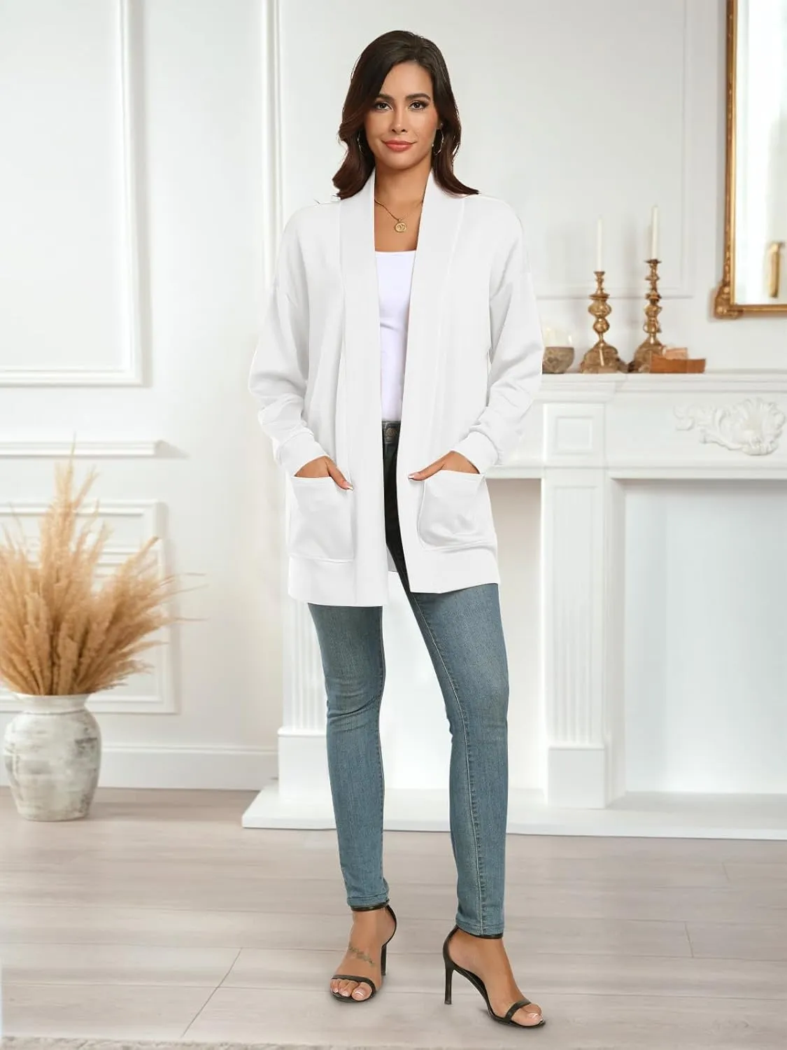 Feiersi Women's Open Front Cardigans Long Sleeve Casual with Pockets Knit Cardigan Soft Outwear