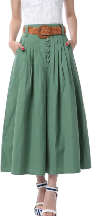 Femiserah Women's Button Front Linen Pleated Skirt High Waist A-Line Midi Skirts with Pockets/Belts