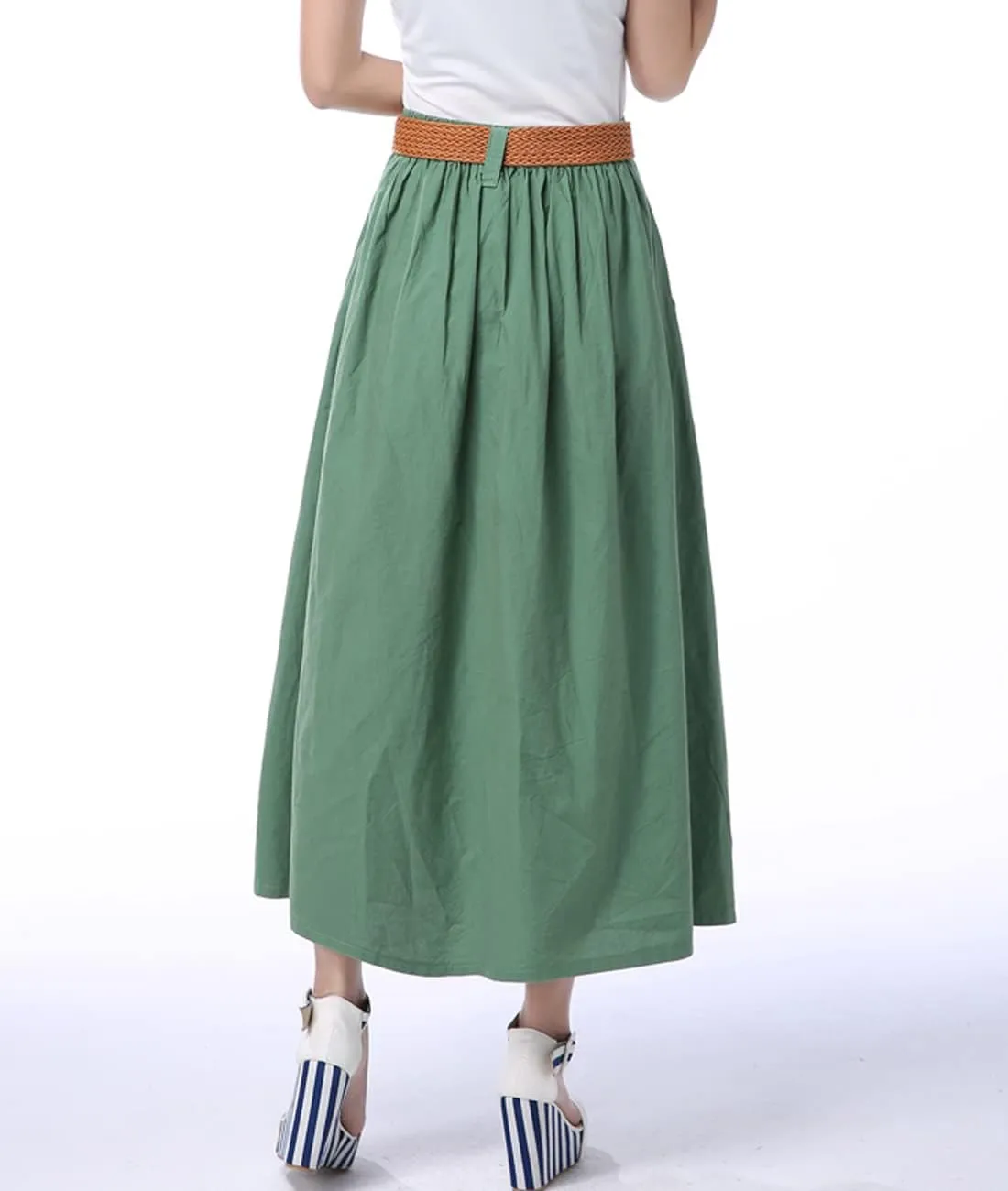 Femiserah Women's Button Front Linen Pleated Skirt High Waist A-Line Midi Skirts with Pockets/Belts