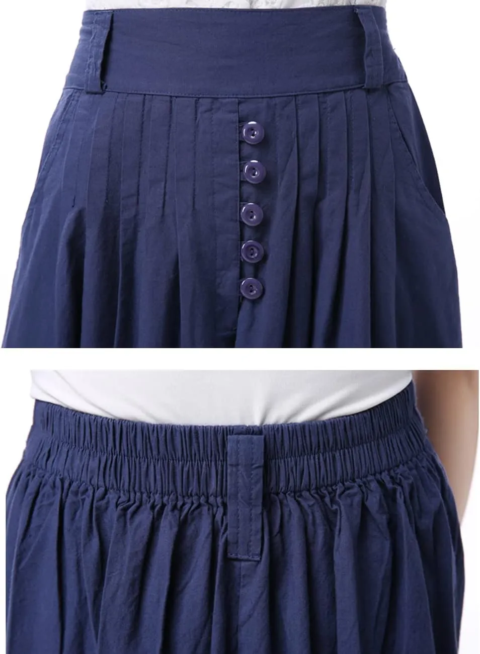Femiserah Women's Button Front Linen Pleated Skirt High Waist A-Line Midi Skirts with Pockets/Belts