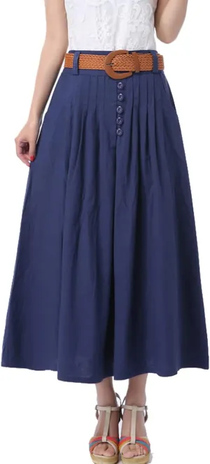 Femiserah Women's Button Front Linen Pleated Skirt High Waist A-Line Midi Skirts with Pockets/Belts