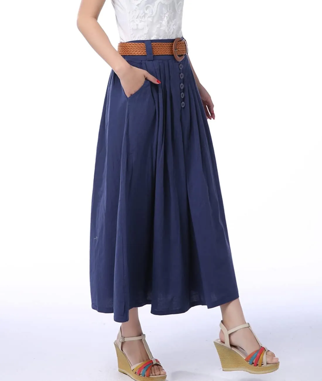 Femiserah Women's Button Front Linen Pleated Skirt High Waist A-Line Midi Skirts with Pockets/Belts