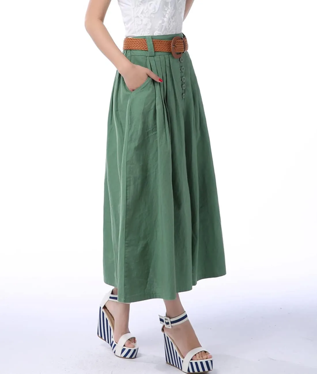 Femiserah Women's Button Front Linen Pleated Skirt High Waist A-Line Midi Skirts with Pockets/Belts