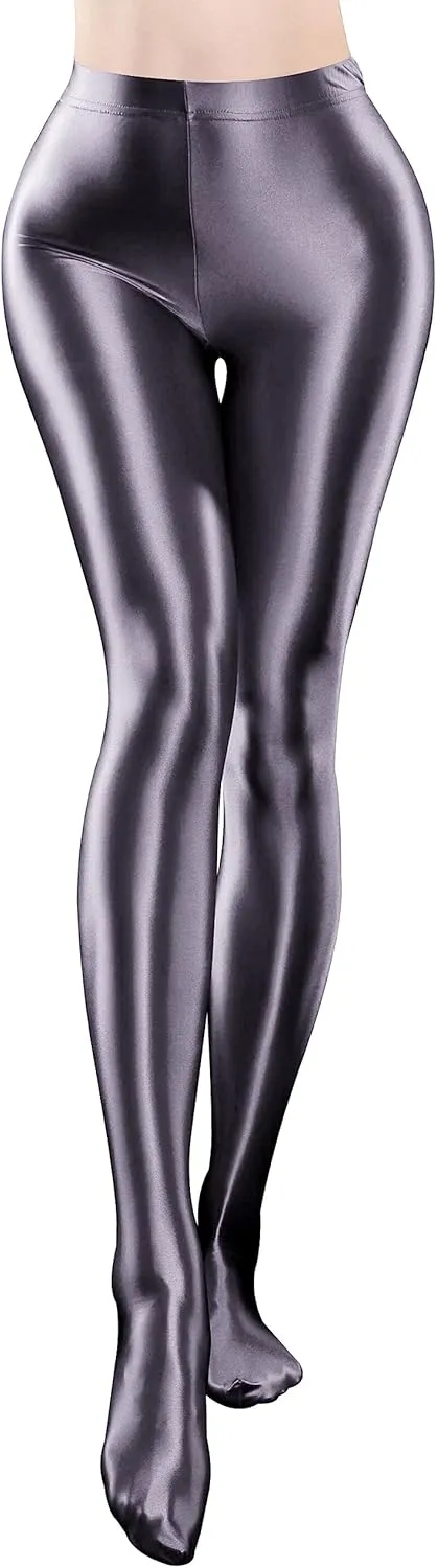 FEOYA Womens Shiny Pantyhose Pilates Yoga Sports Leggings Tights Opaque Glossy Trousers Workout Fitness Pant Stockings