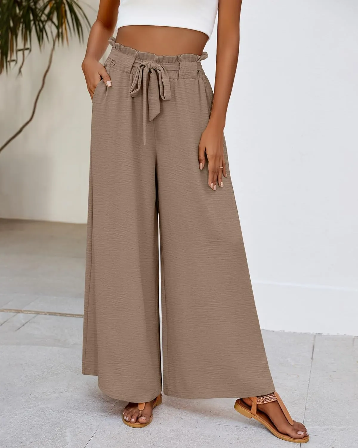 Ficerd Women's Wide Leg Pants Palazzo High Waisted Flowy Loose Casual 2025 Summer Beach Boho Baggy Trousers with Pockets