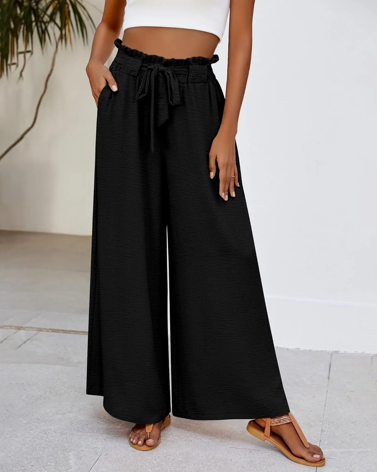 Ficerd Women's Wide Leg Pants Palazzo High Waisted Flowy Loose Casual 2025 Summer Beach Boho Baggy Trousers with Pockets