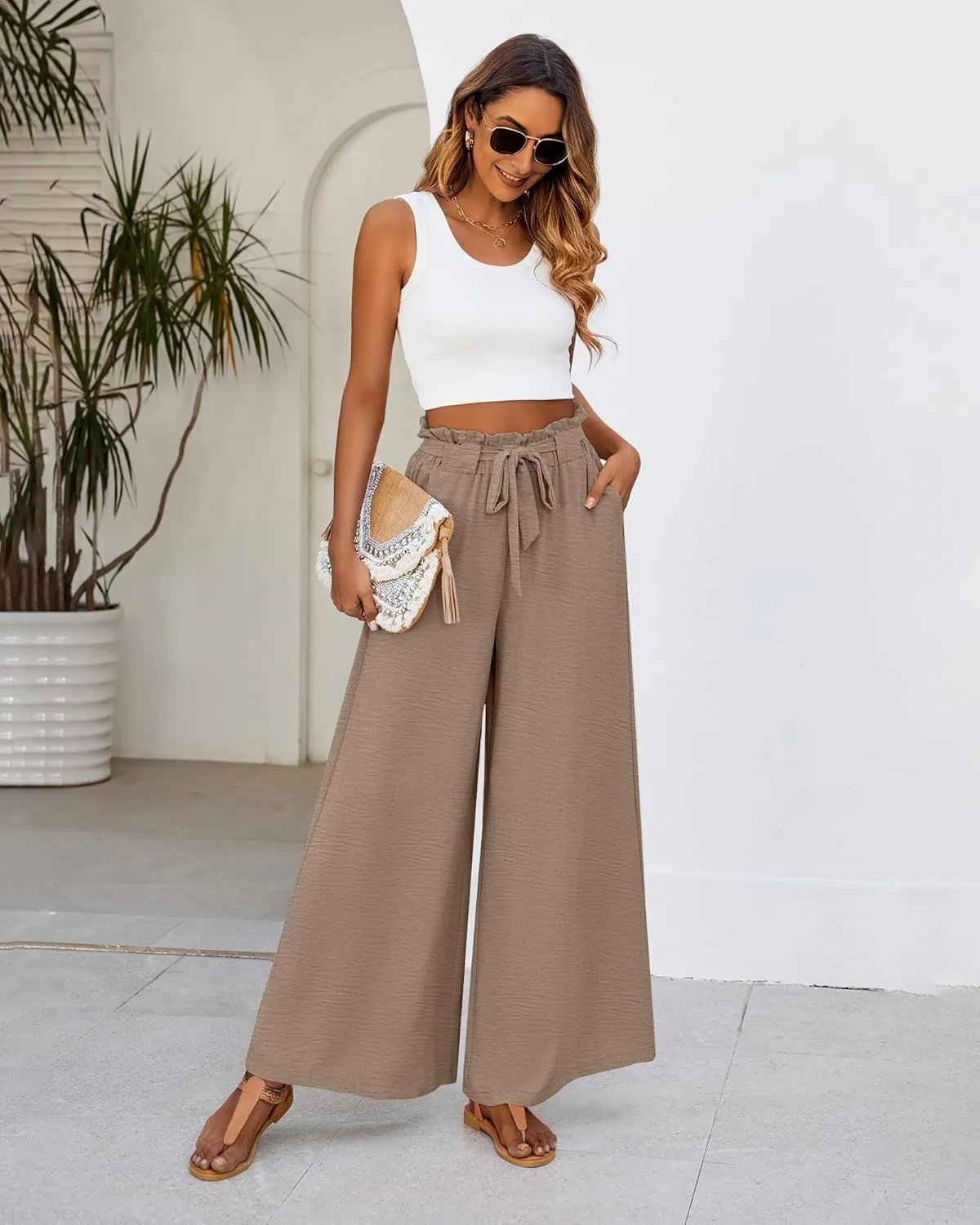 Ficerd Women's Wide Leg Pants Palazzo High Waisted Flowy Loose Casual 2025 Summer Beach Boho Baggy Trousers with Pockets
