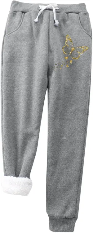 Fleece Lined Pants Women with Pockets Keep Warm Trousers Pants High Waist Stretchy Lined Thermal Full Fleece Pants
