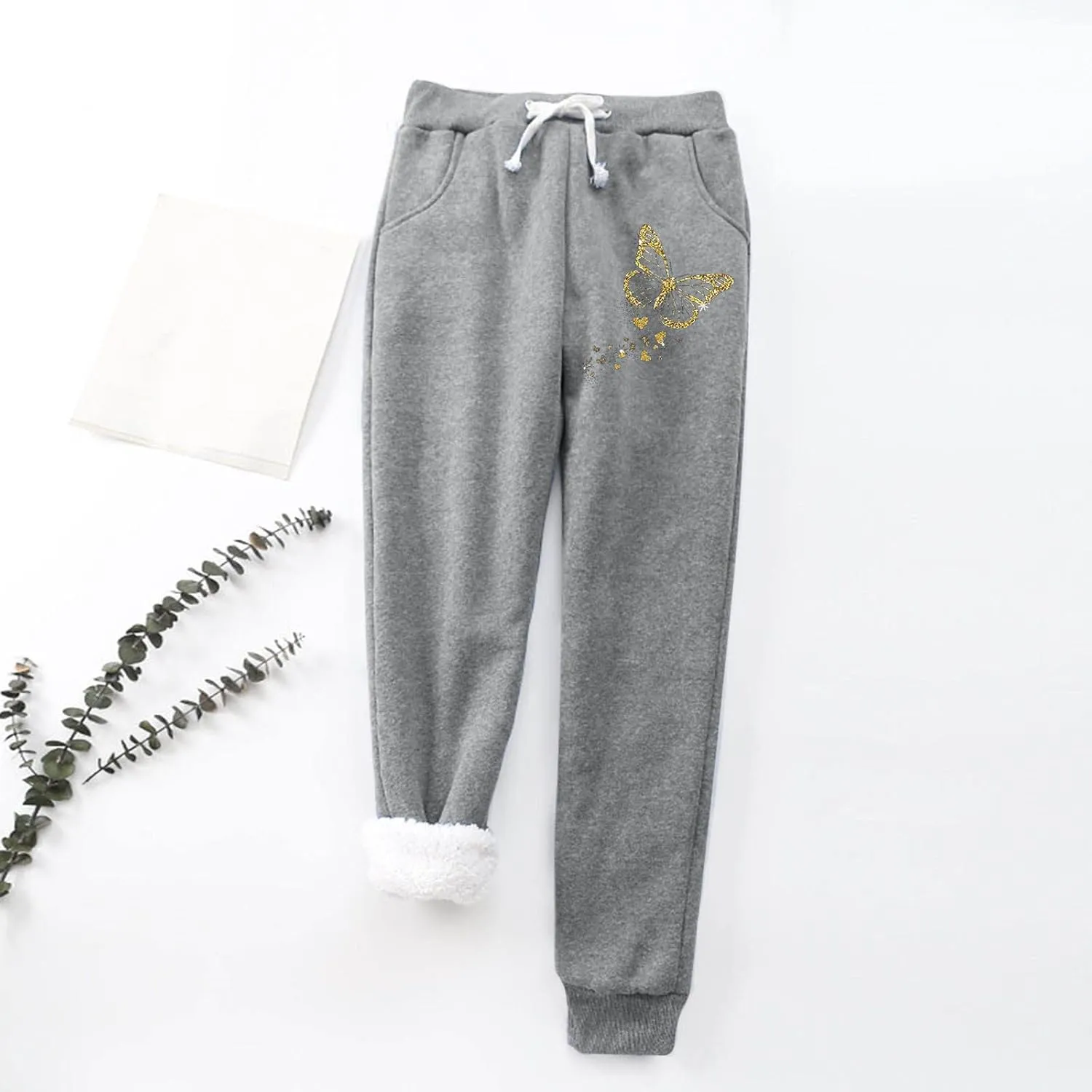 Fleece Lined Pants Women with Pockets Keep Warm Trousers Pants High Waist Stretchy Lined Thermal Full Fleece Pants