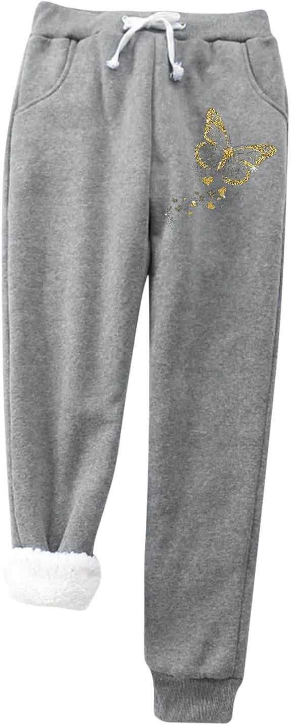 Fleece Lined Pants Women with Pockets Keep Warm Trousers Pants High Waist Stretchy Lined Thermal Full Fleece Pants
