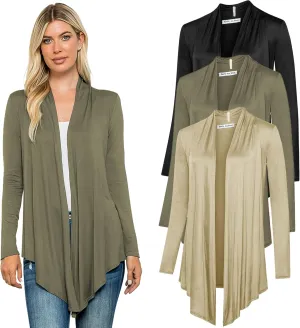Free to Live 3 Pack Long Sleeve Cardigan for Women Open Front Dressy Casual Fall Draped Lightweight Sweaters Cover Up Shrugs