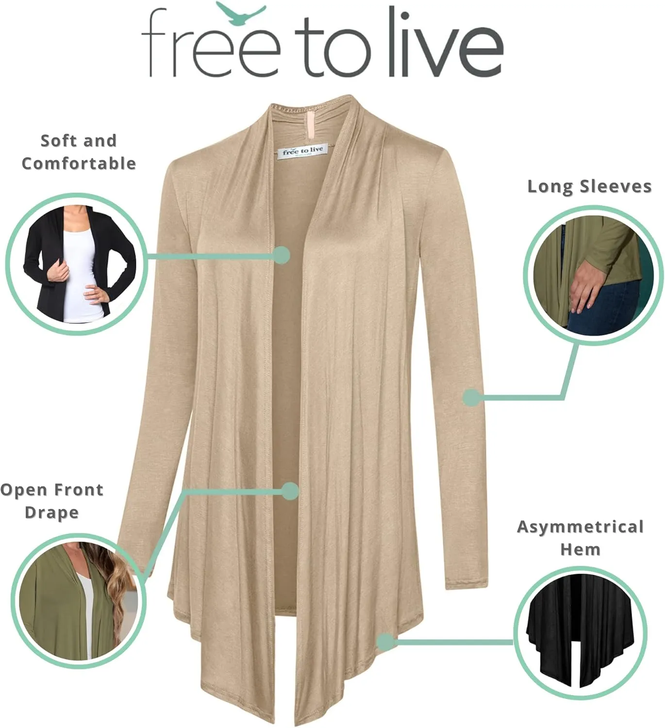 Free to Live 3 Pack Long Sleeve Cardigan for Women Open Front Dressy Casual Fall Draped Lightweight Sweaters Cover Up Shrugs