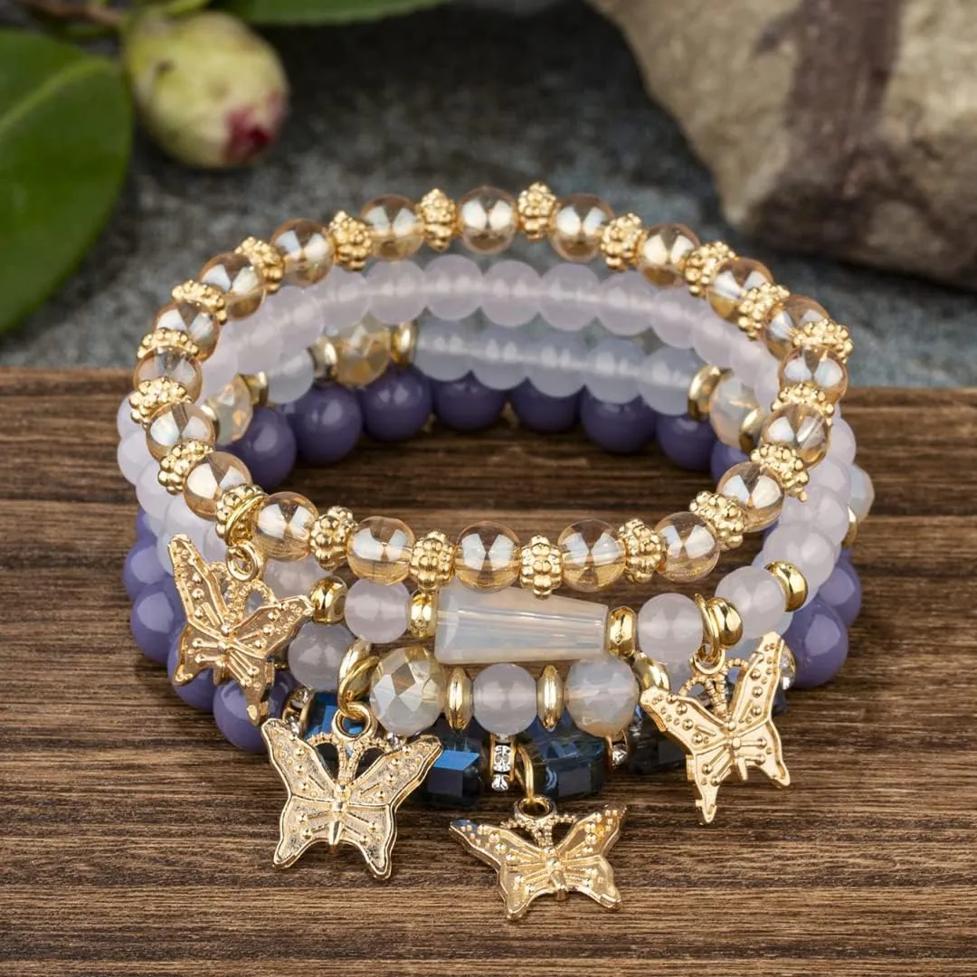 Fuqimanman2020 4Pcs Bohemian Butterfly Crystal Stone Stretch Bracelets Multi-Layer Beaded Stackable Stretch Bracelet Set Handmade Colorful Butterfly Charm Bracelets for Women