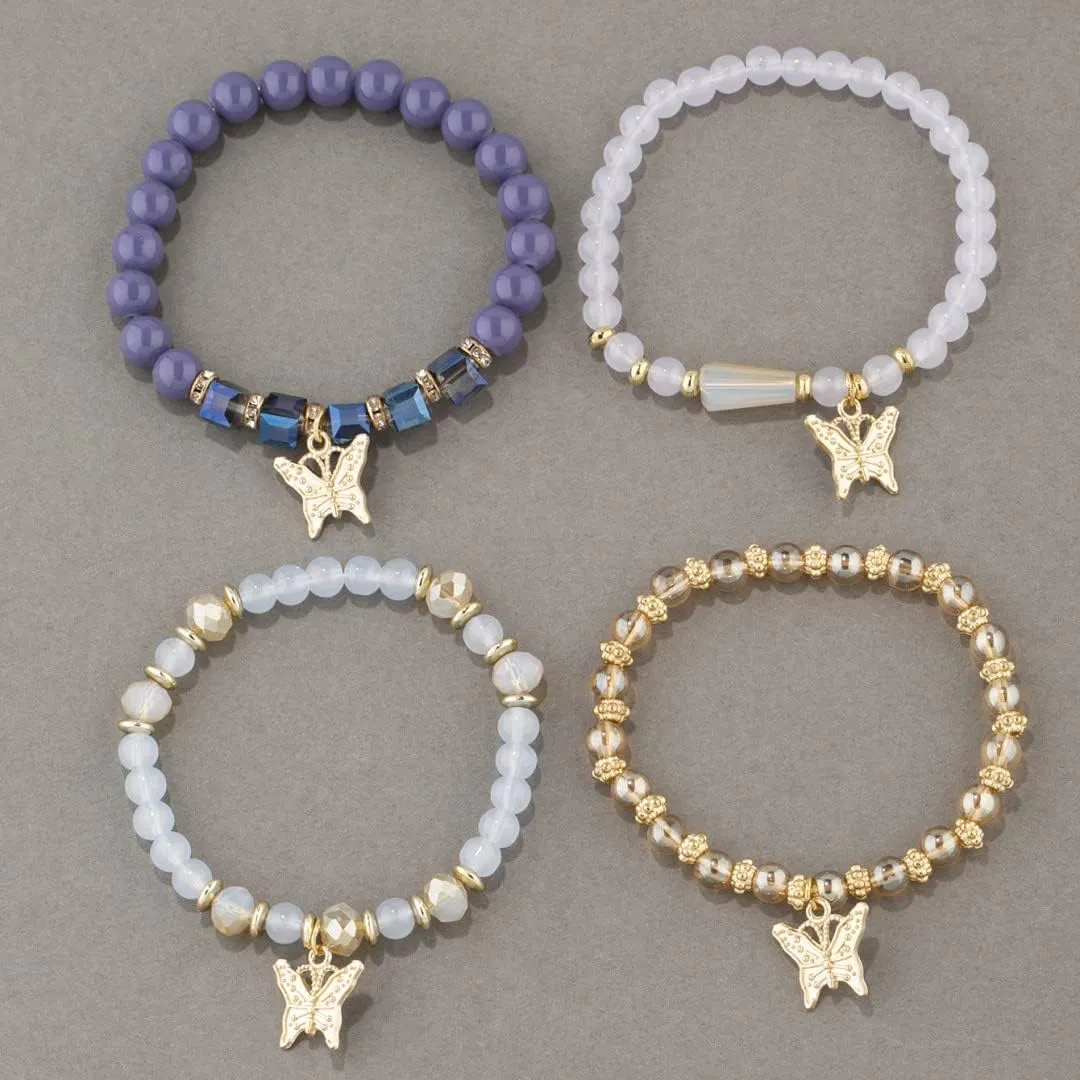 Fuqimanman2020 4Pcs Bohemian Butterfly Crystal Stone Stretch Bracelets Multi-Layer Beaded Stackable Stretch Bracelet Set Handmade Colorful Butterfly Charm Bracelets for Women