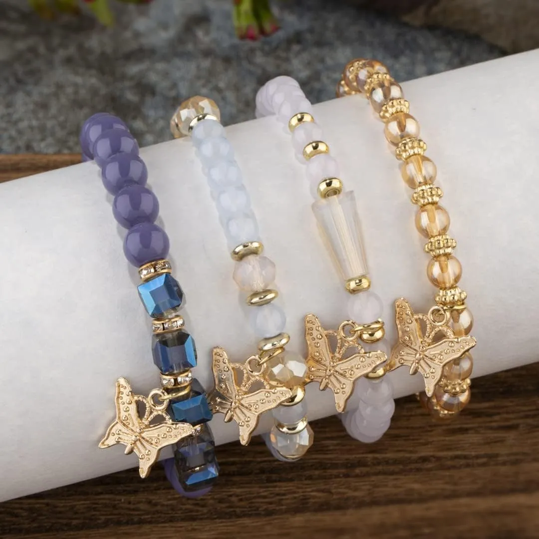Fuqimanman2020 4Pcs Bohemian Butterfly Crystal Stone Stretch Bracelets Multi-Layer Beaded Stackable Stretch Bracelet Set Handmade Colorful Butterfly Charm Bracelets for Women